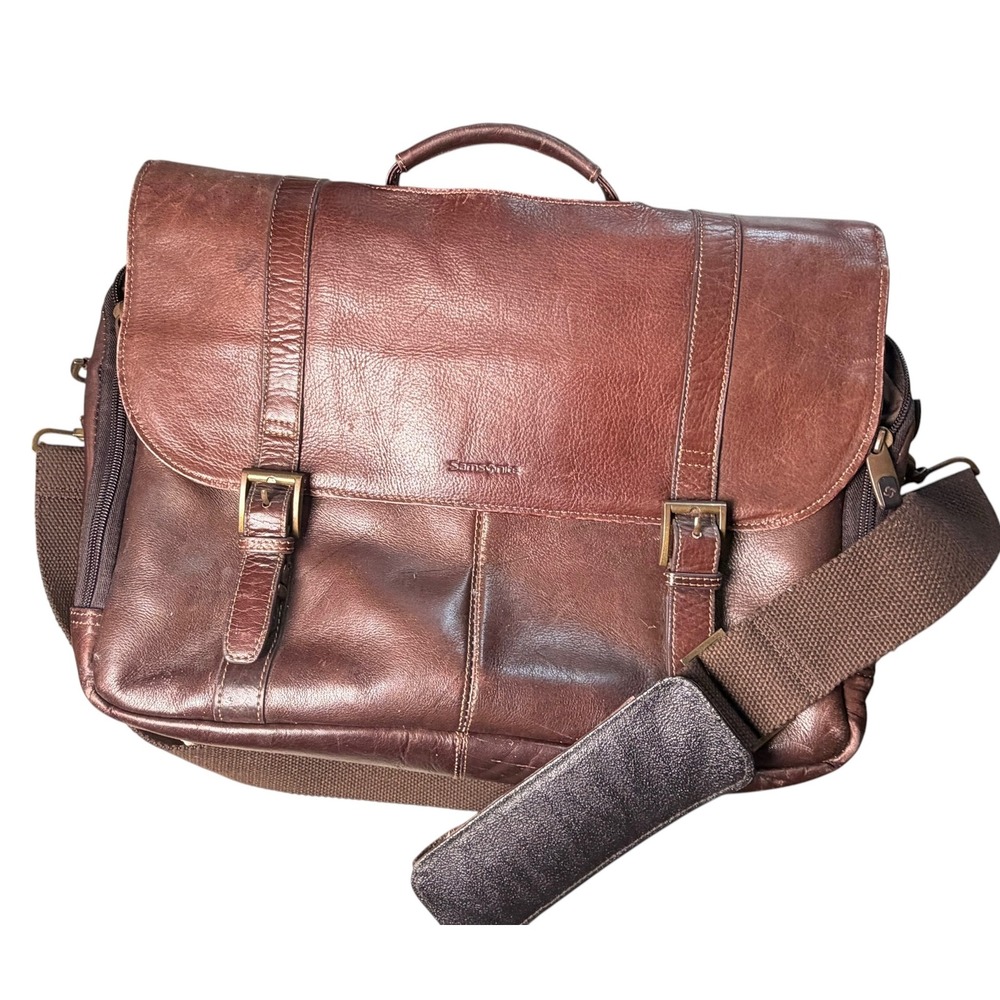 Samsonite Brown Leather Messenger Bag Laptop Briefcase Flap Over Business Travel